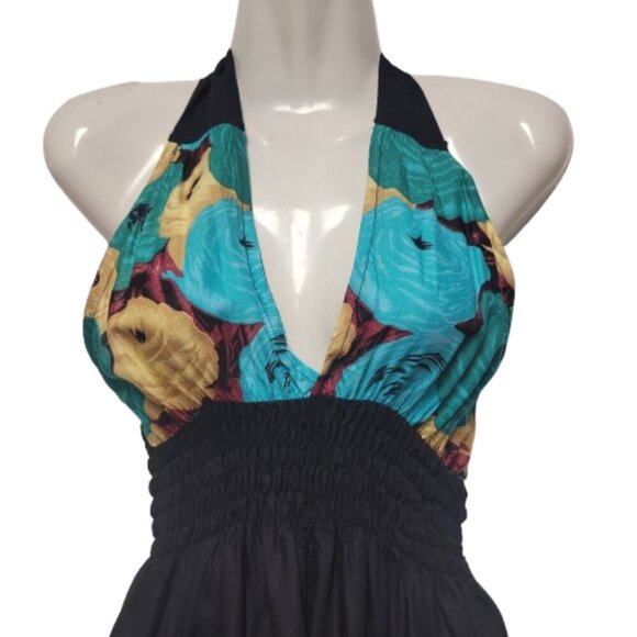 Halter Colorful Dress Summer Halter Dress in Blue, Green and Tan Floral Print - Picture 2 of 15